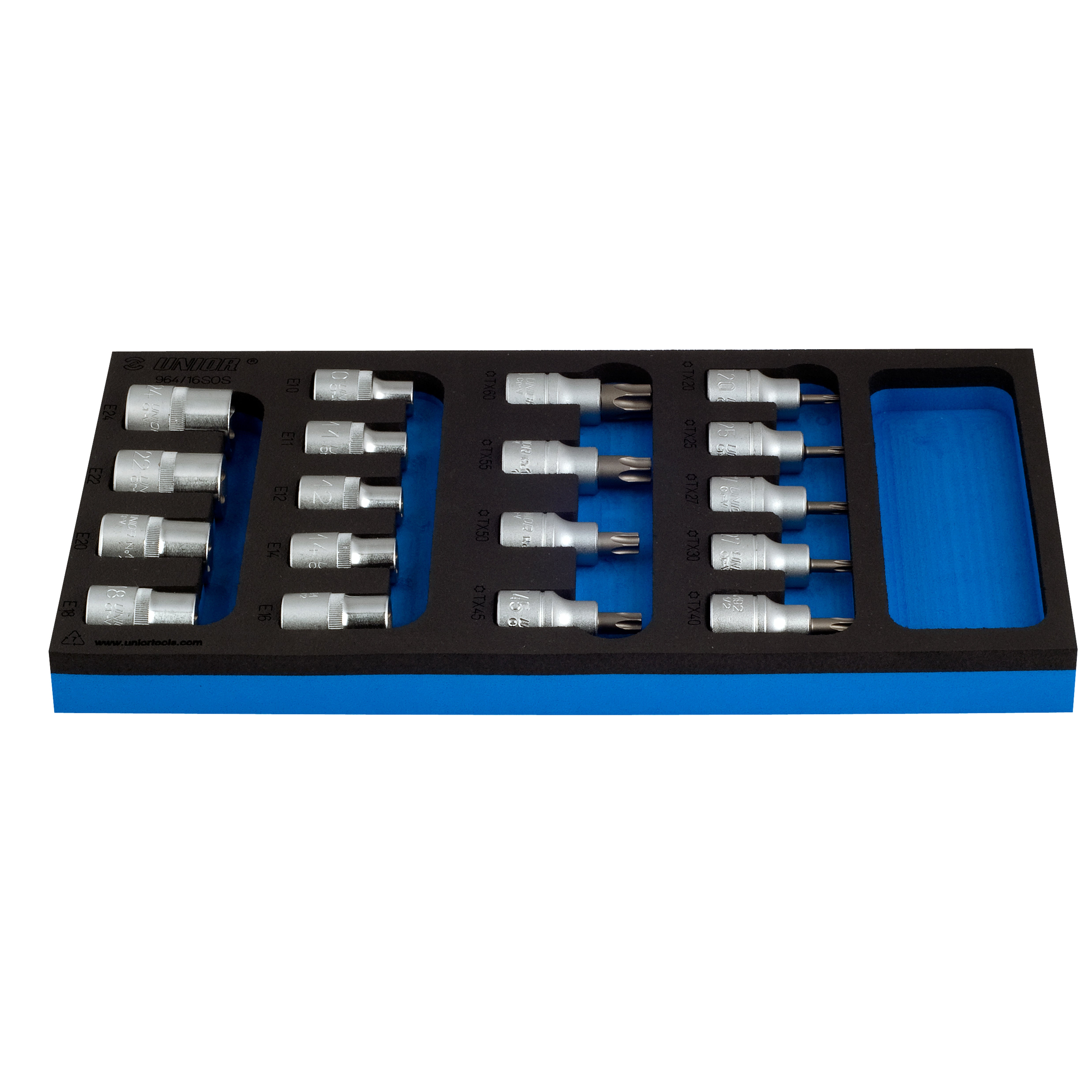 Set of screwdriver socket wrenches TX profile in SOS tool tray 964/16SOS /18