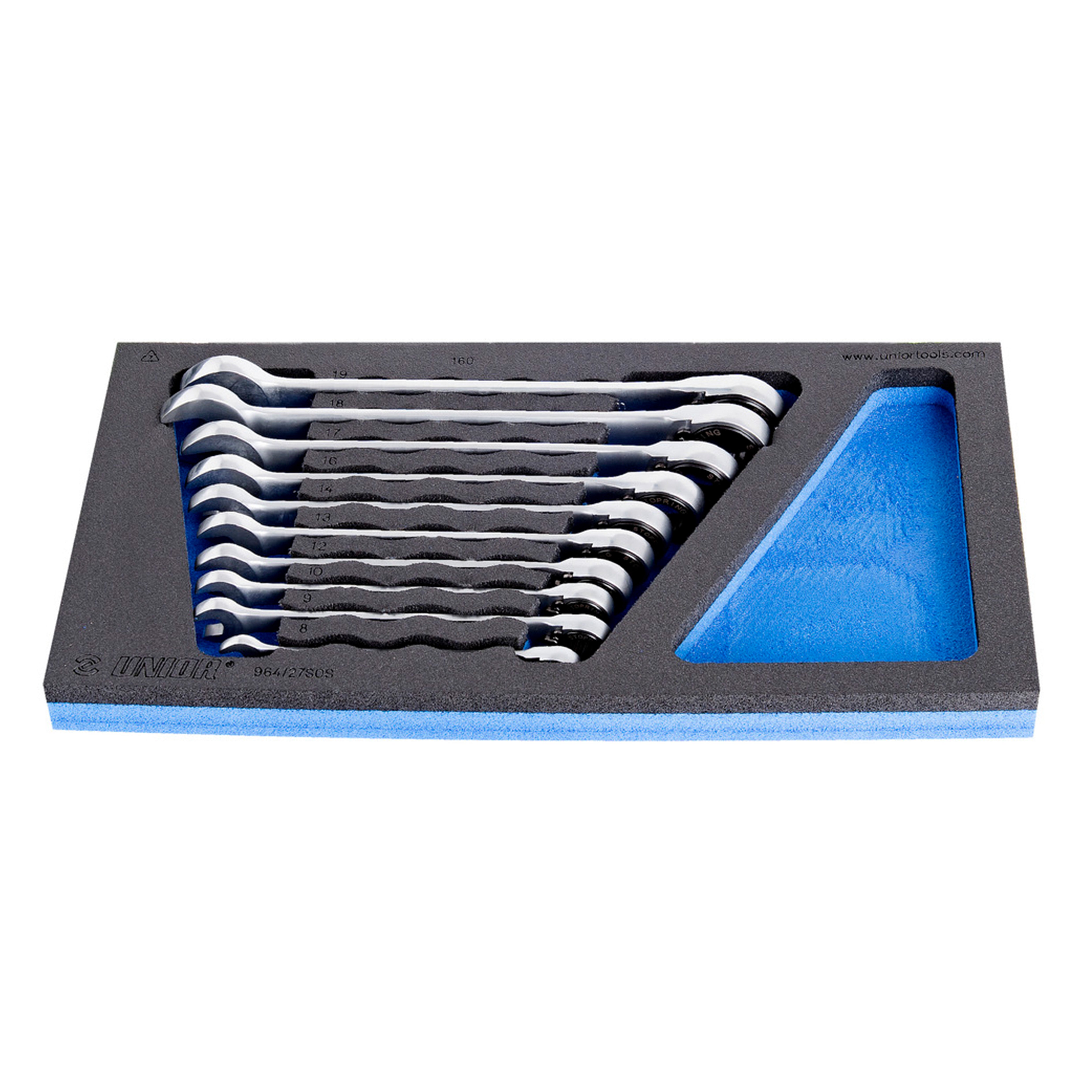 Set of forged combinations ratchet wrenches in SOS tool tray 964/27SOS 8 - 19/10